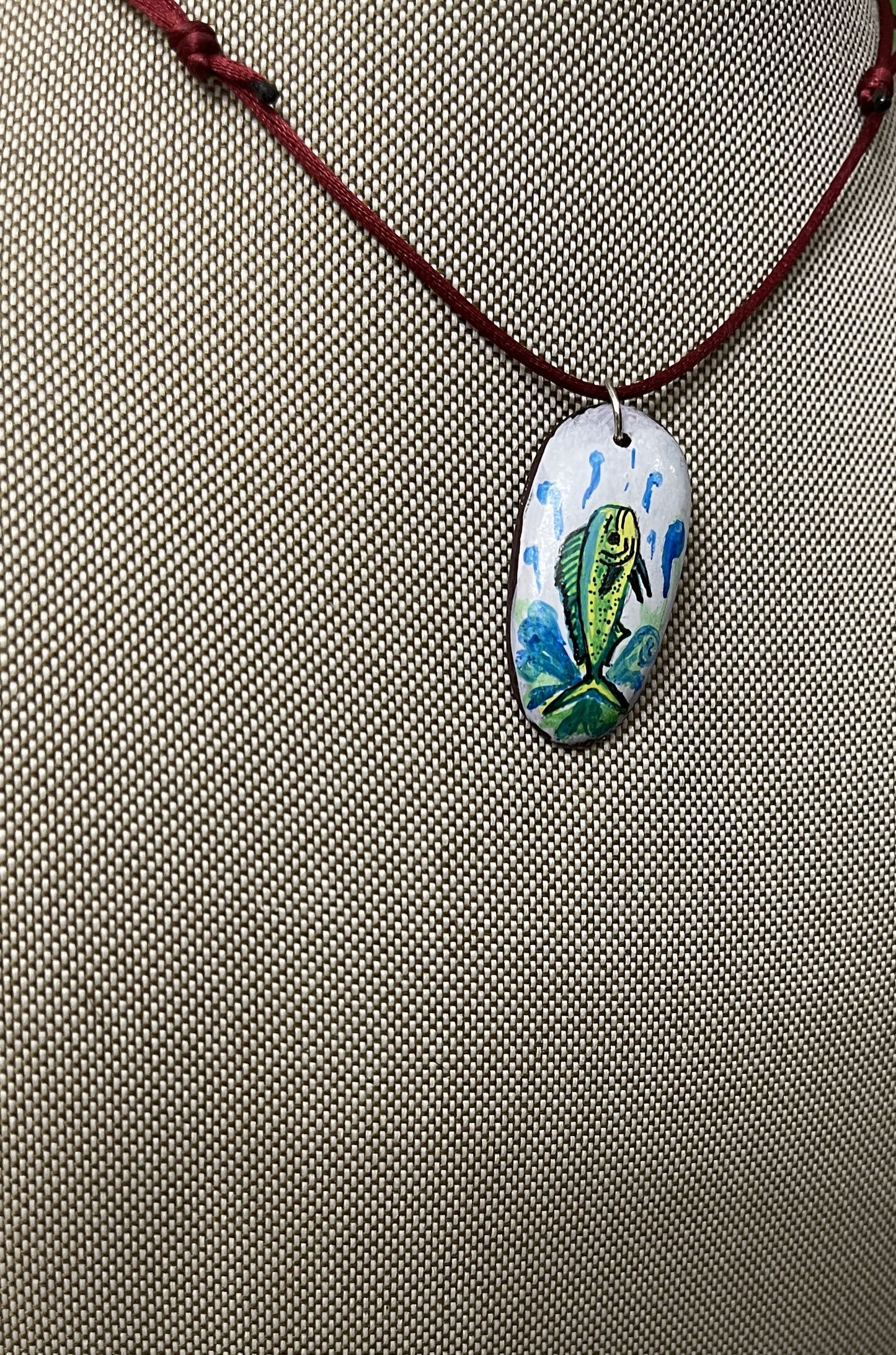 Etched Tagua Slice Mahi Mahi Fish Carved Necklace Pendant Panama