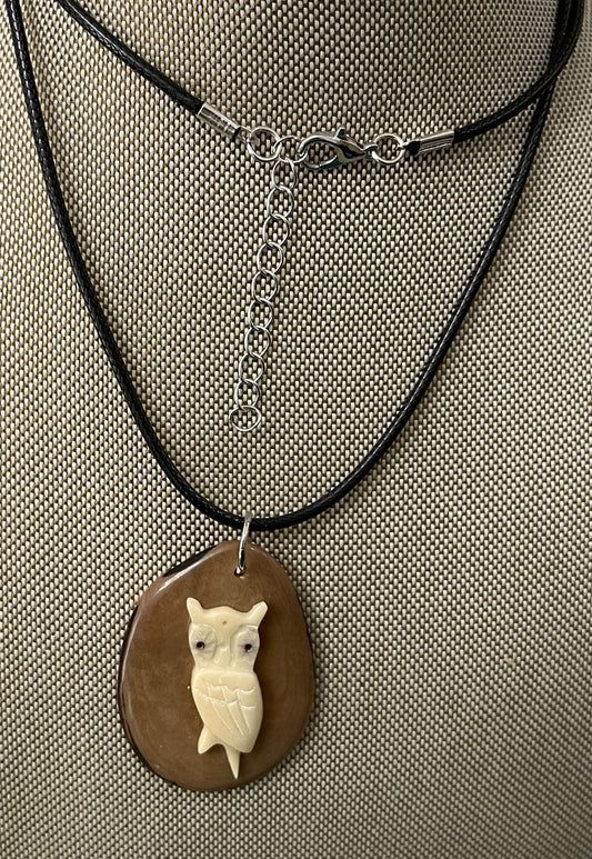 Tagua Carved Owl On Tagua Necklace Pendant Panama