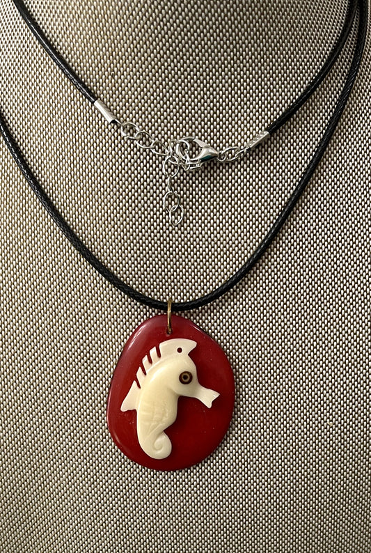 Tagua Carved Seahorse On Tagua Necklace Pendant Panama