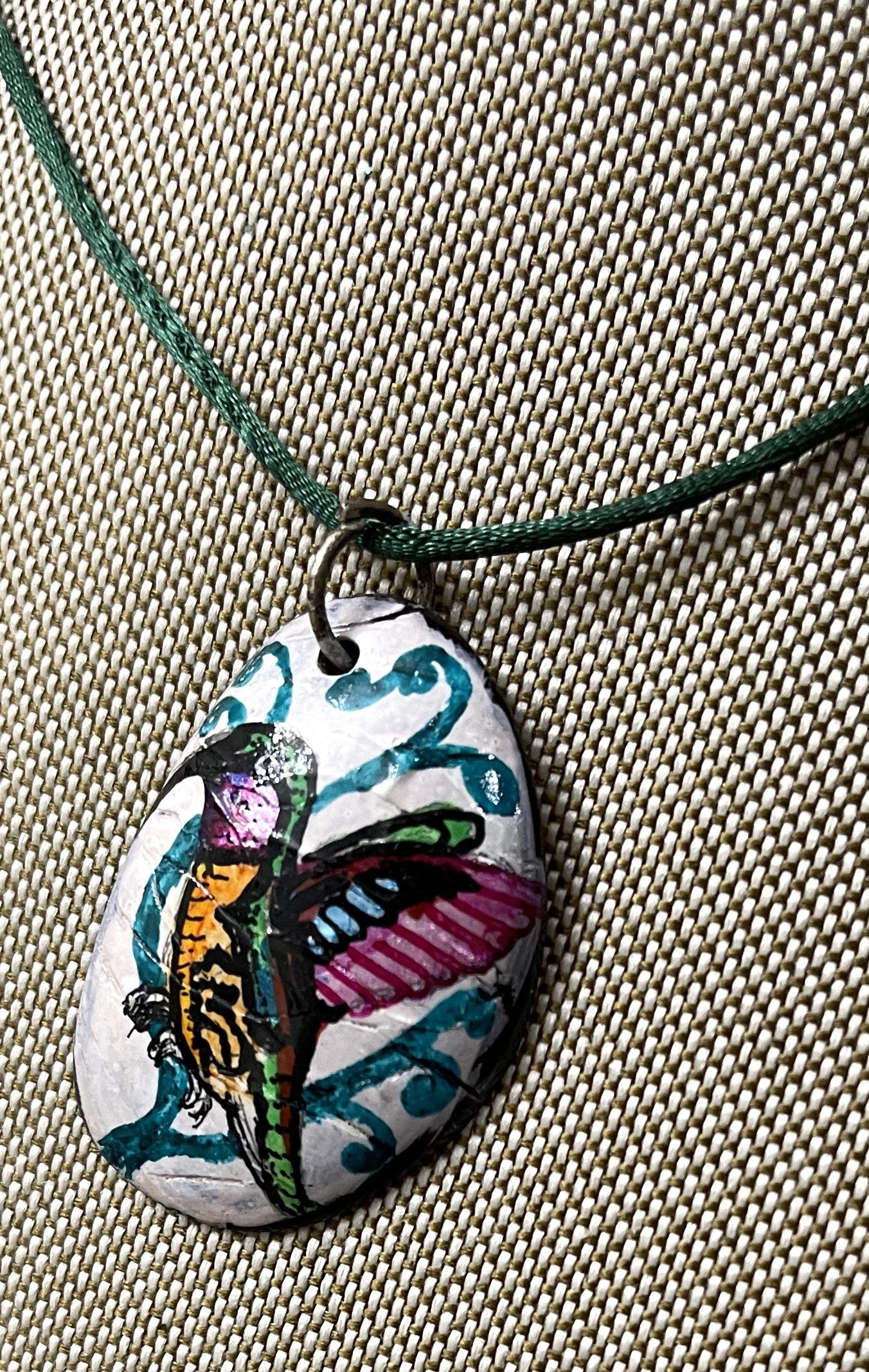 Etched Tagua Slice Honeycreeper Bird Carved Necklace Pendant Panama