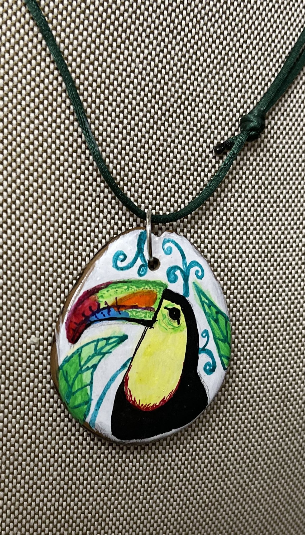 Etched Tagua Slice Toucan Parrot Carved Necklace Pendant Panama