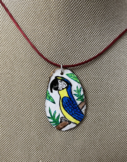 Etched Tagua Slice Yellowhead Parrot Carved Necklace Pendant Panama