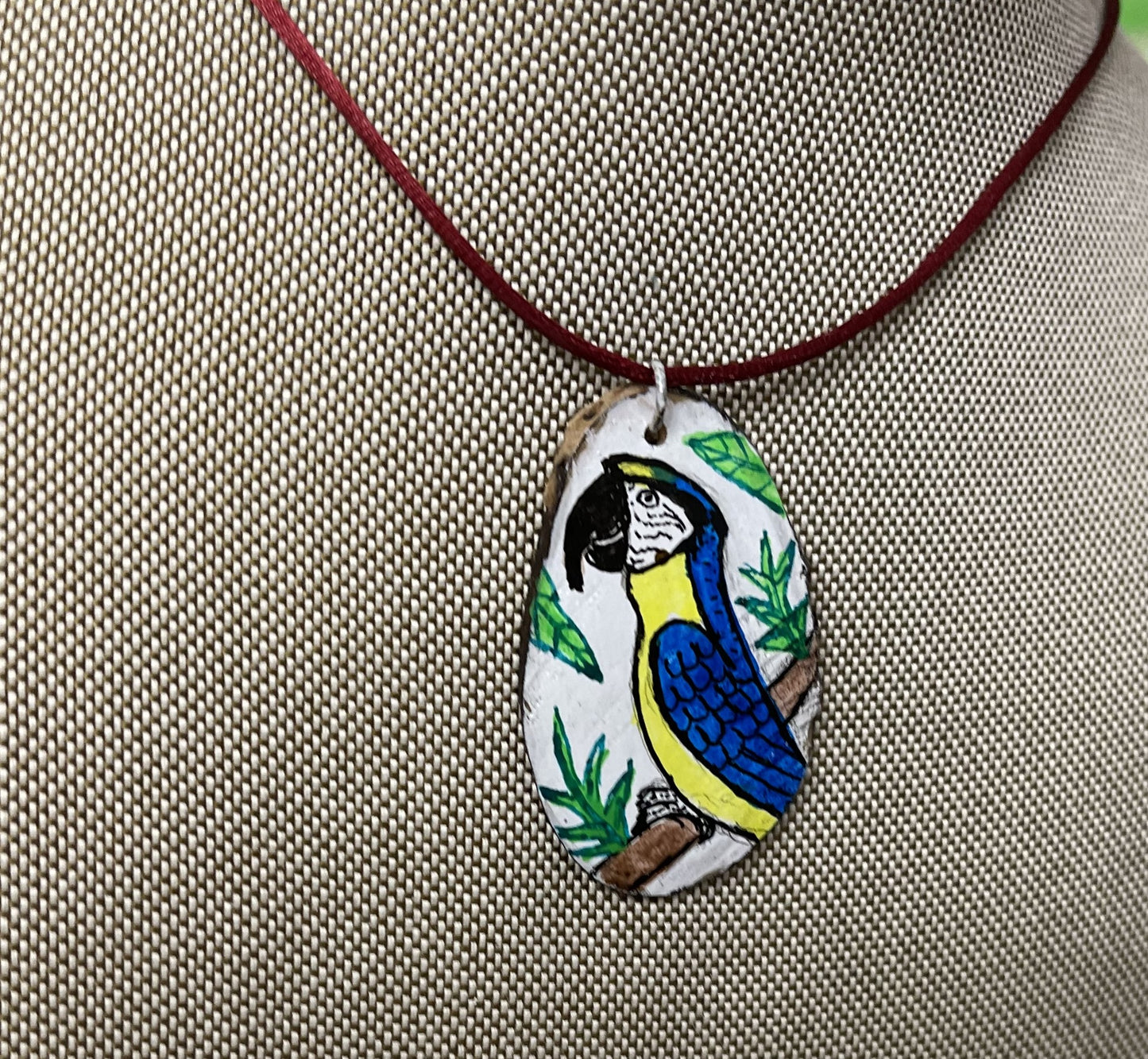 Etched Tagua Slice Yellowhead Parrot Carved Necklace Pendant Panama