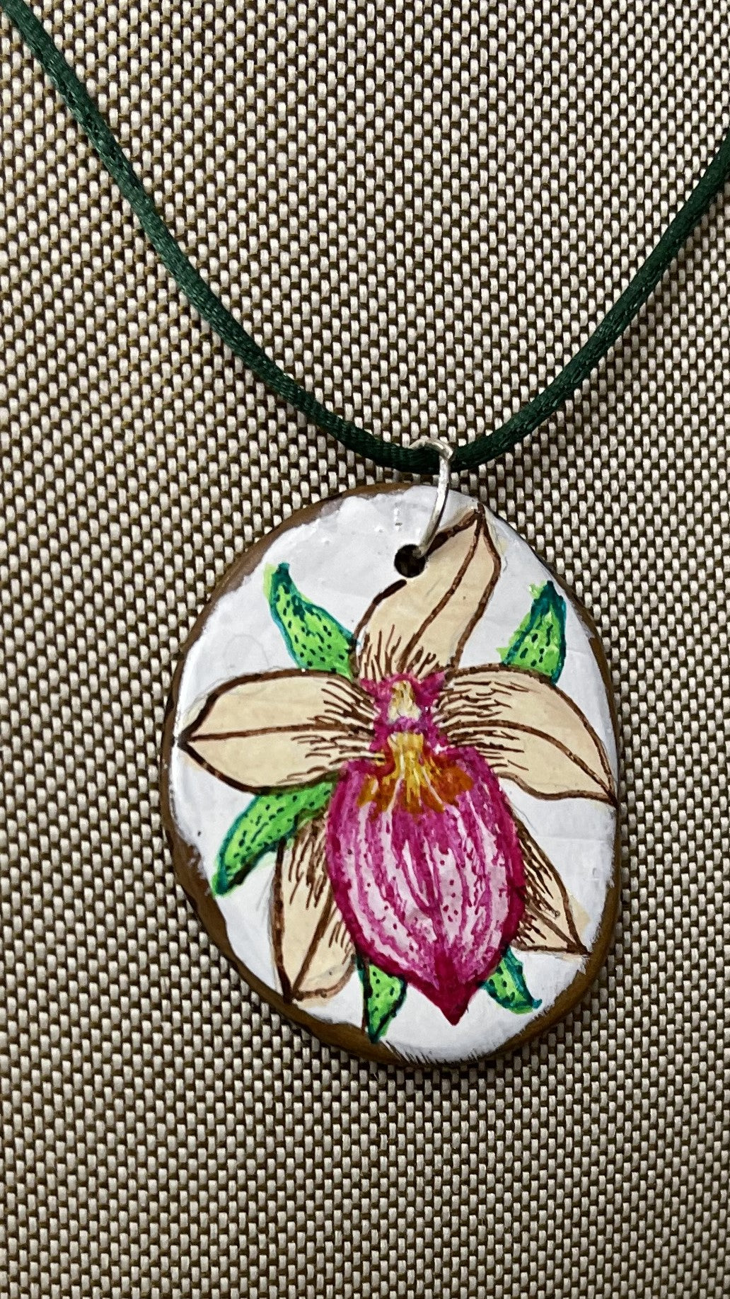 Etched Tagua Slice Rainforest Orchid Carved Necklace Pendant Panama
