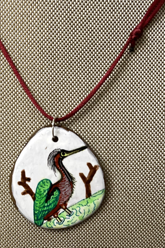 Etched Tagua Slice Heron Bird Carved Necklace Pendant Panama