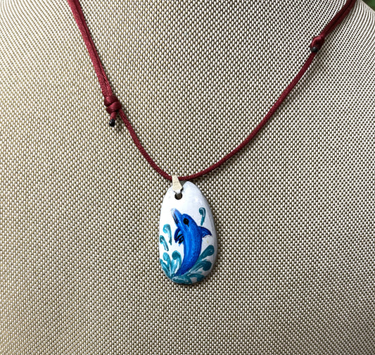 Etched Tagua Slice Blue Dolphin Carved Necklace Pendant Panama