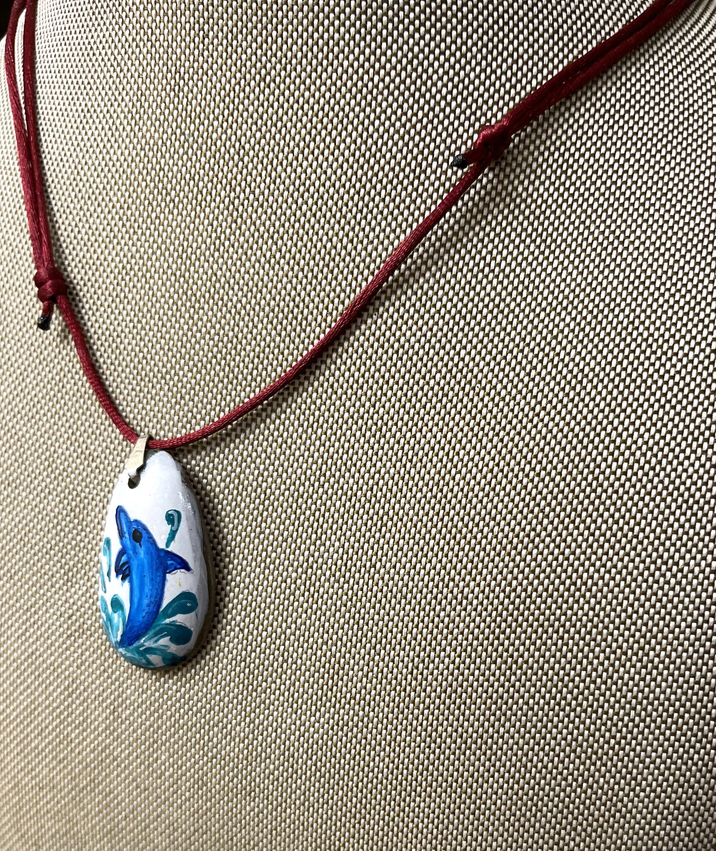 Etched Tagua Slice Blue Dolphin Carved Necklace Pendant Panama