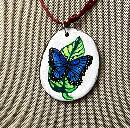 Etched Tagua Slice Blue Butterfly Carved Necklace Pendant Panama