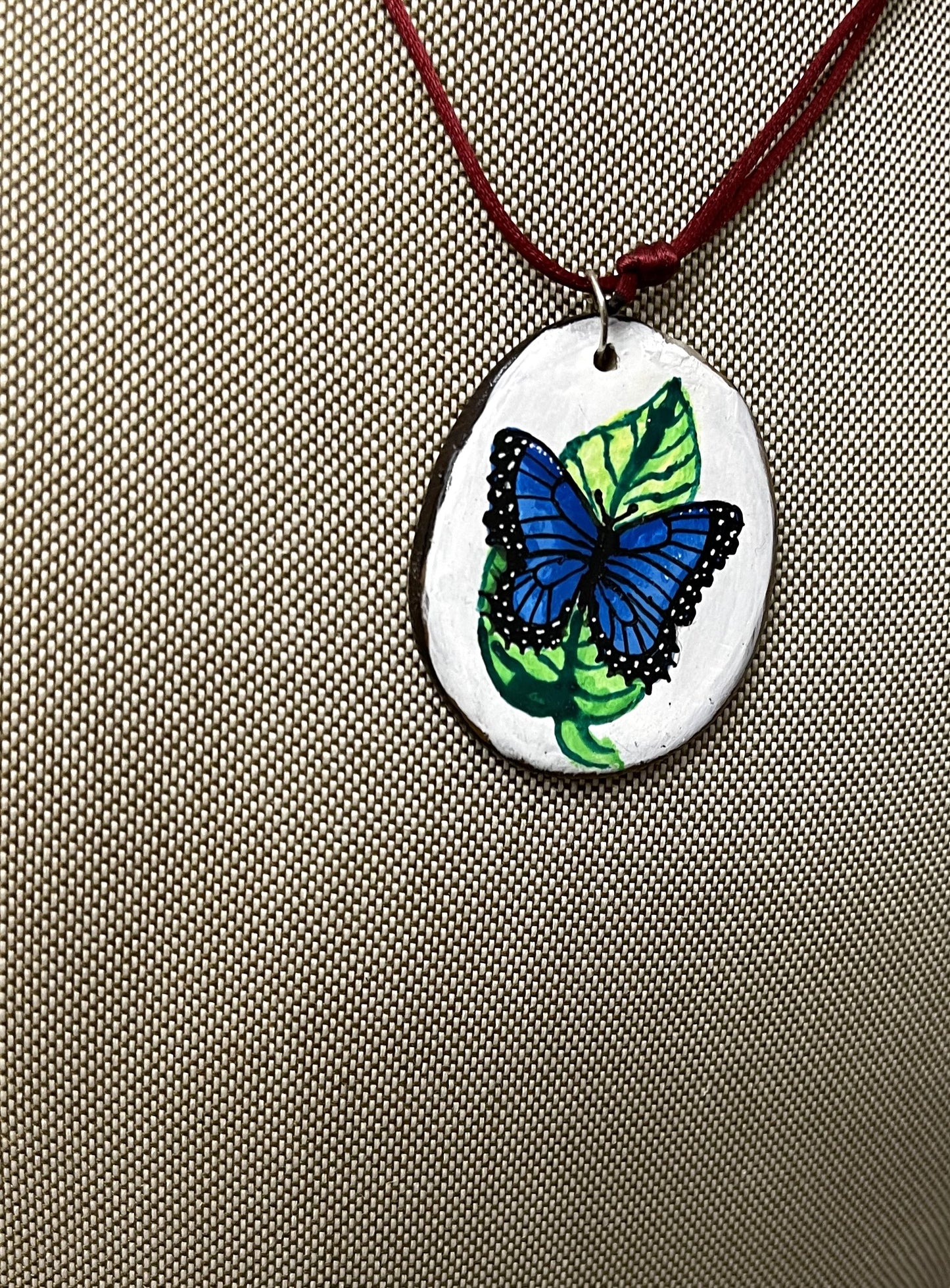 Etched Tagua Slice Blue Butterfly Carved Necklace Pendant Panama