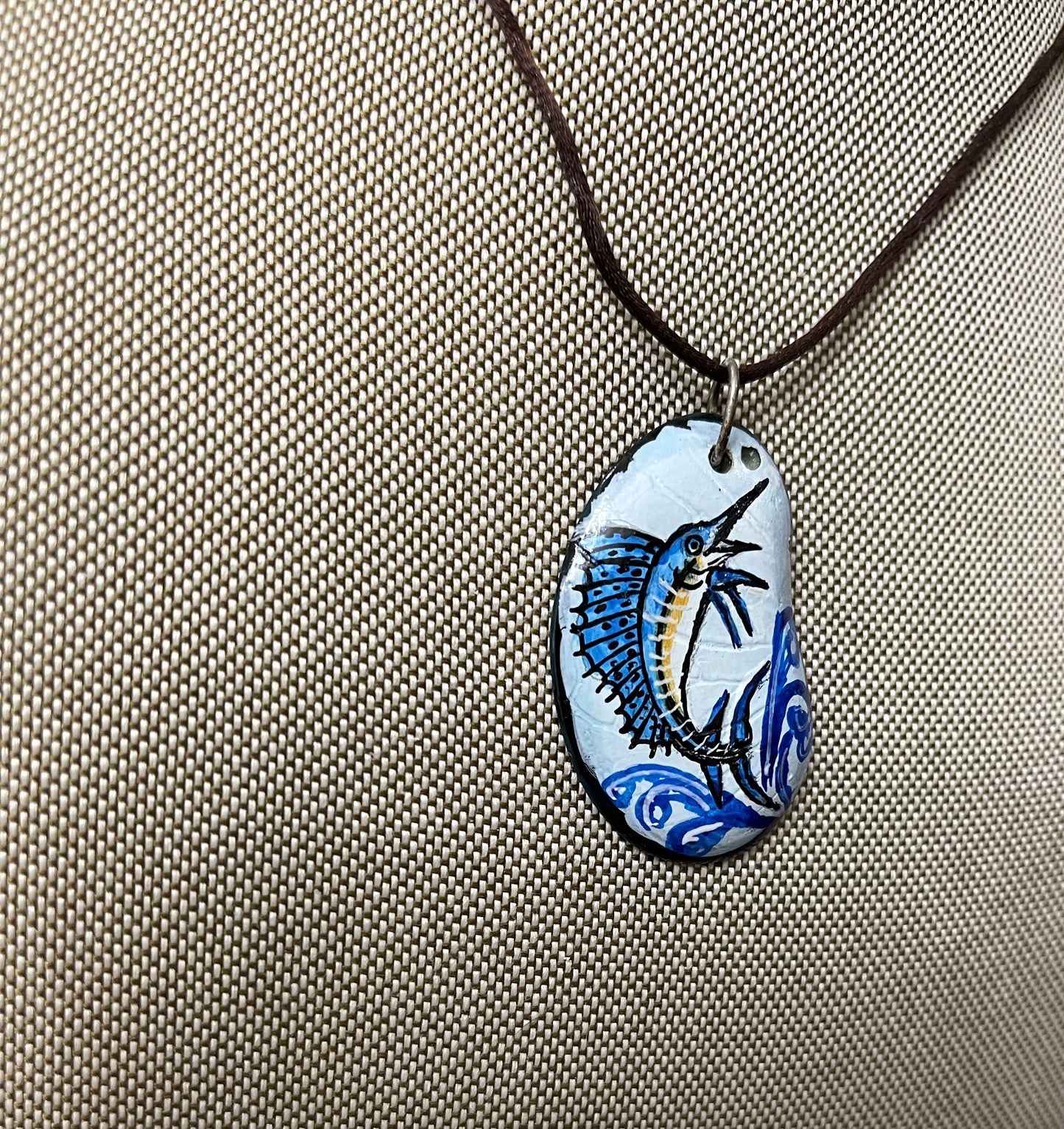 Etched Tagua Slice Blue Sailfish Carved Necklace Pendant Panama