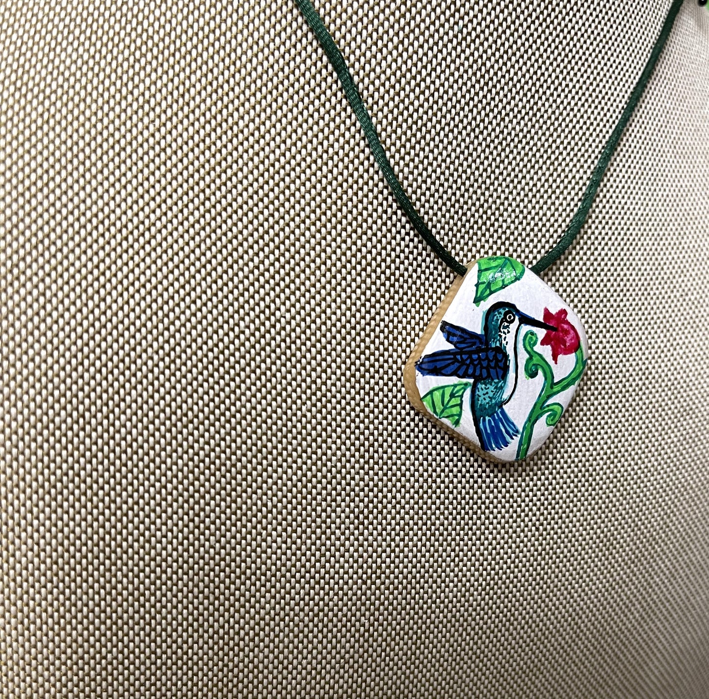 Etched Tagua Slice Blue Hummingbird Carved Necklace Pendant Panama