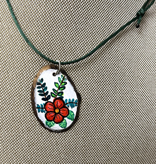 Etched Tagua Slice Red Flower With Fern Carved Necklace Pendant Panama