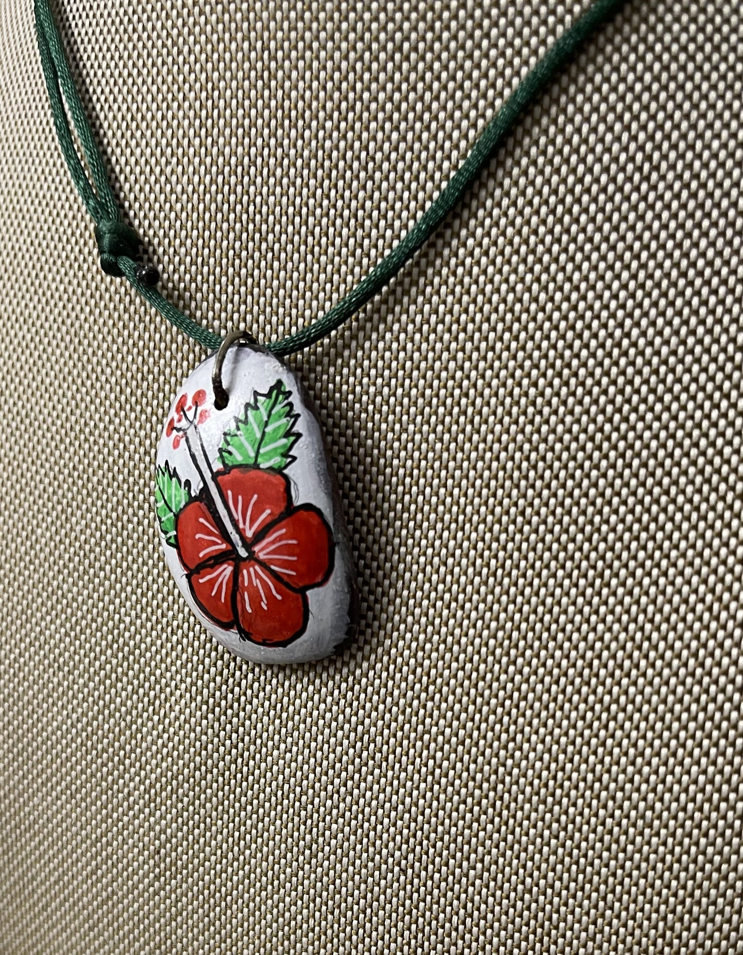 Etched Tagua Slice Red Hibiscus Carved Necklace Pendant Panama