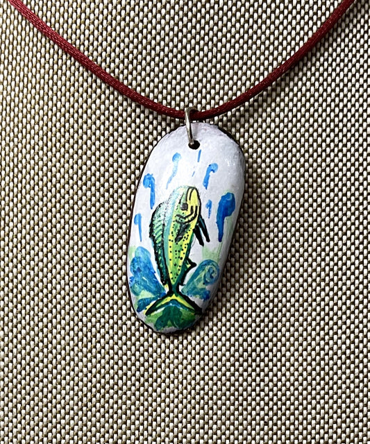 Etched Tagua Slice Mahi Mahi Fish Carved Necklace Pendant Panama