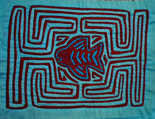 Traderbrock Kuna Indian Tribe Blue Tropical Angel Fish Textile Art-Panama 3.101688