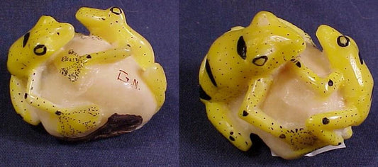 Wounaan Indian Yellow 2 Frog Tagua Nut Carving-Panama 20121133L